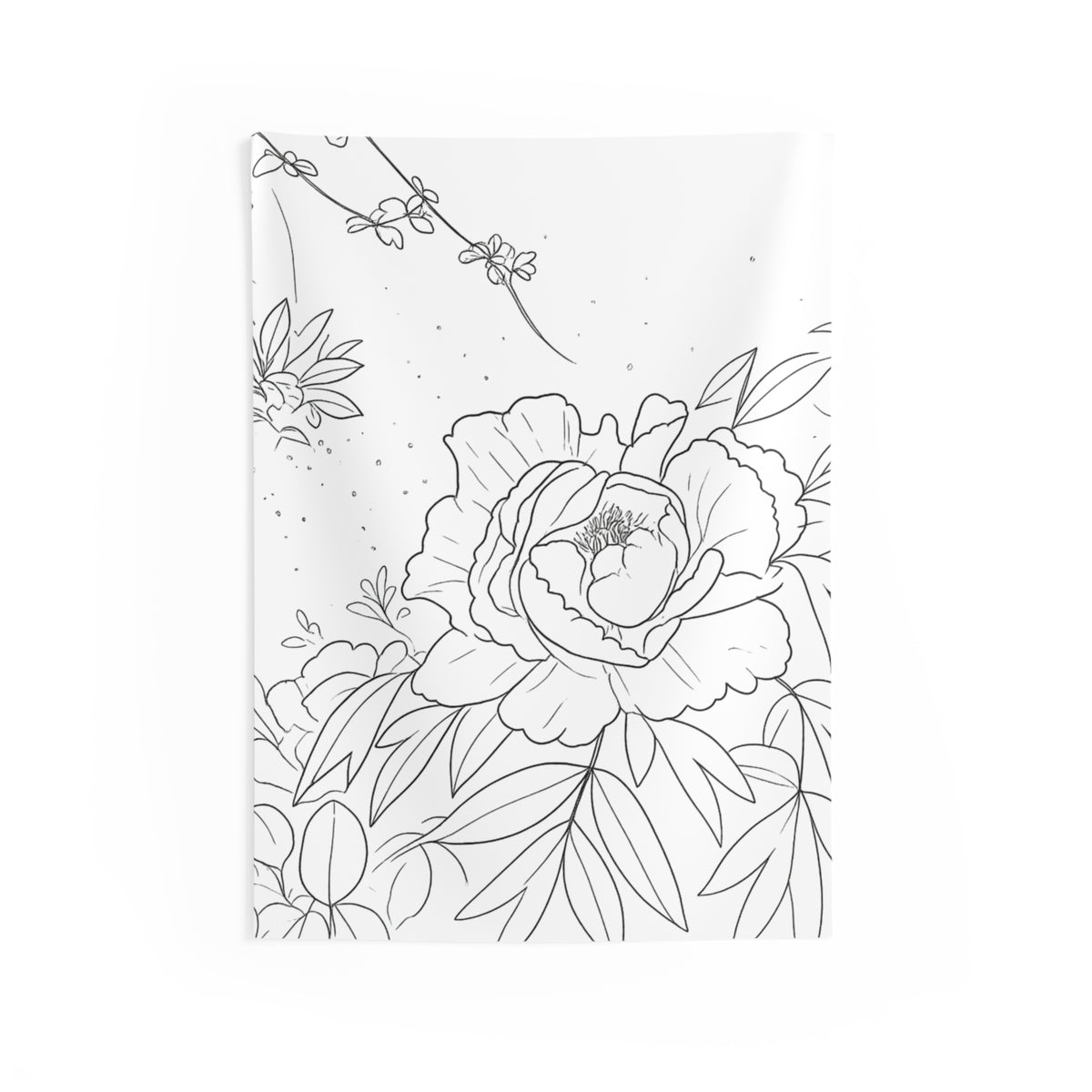 Floral Line Art Wall Tapestry — Black & White Peony Illustration